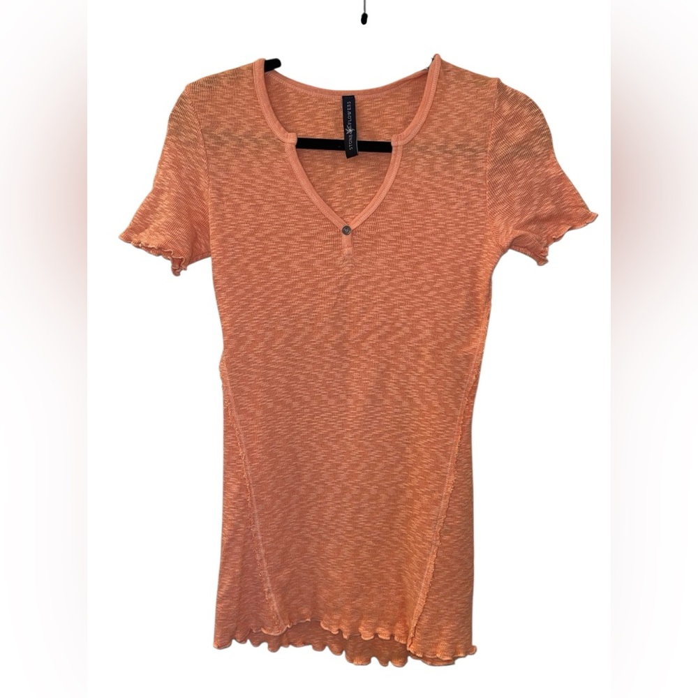 STONE FLOWERS Women’s Orange Short Sleeve V-neck Ribbed Shirt Tee Size: XS